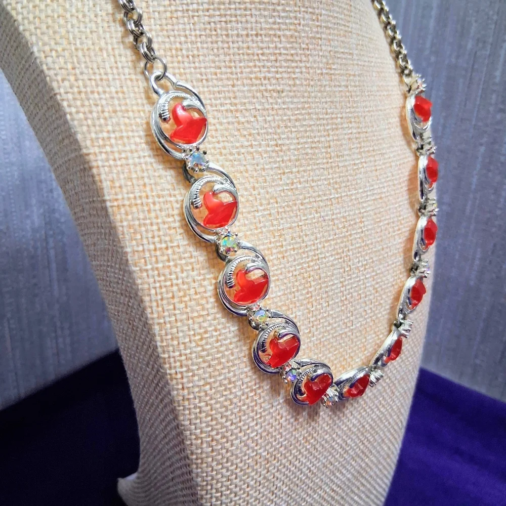 Vintage Charel Cherry Moonglow Necklace Thermoset Hook Closure Silvertone